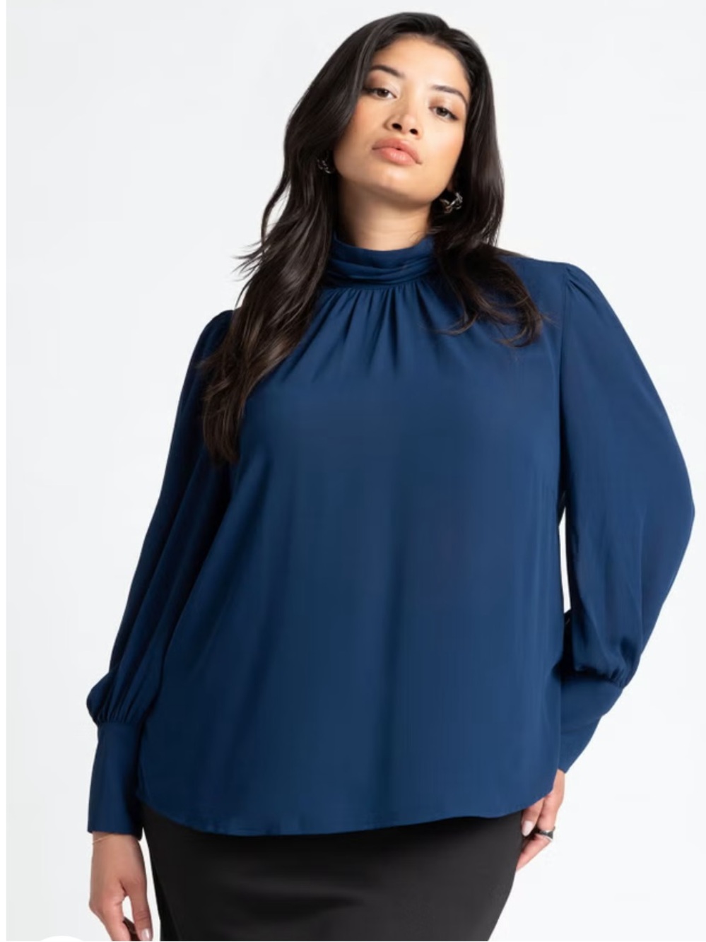 ELOQUII Shirred Mock Neck Blouse in Inkling Navy Blue Sz 18 Long Puff Sleeve